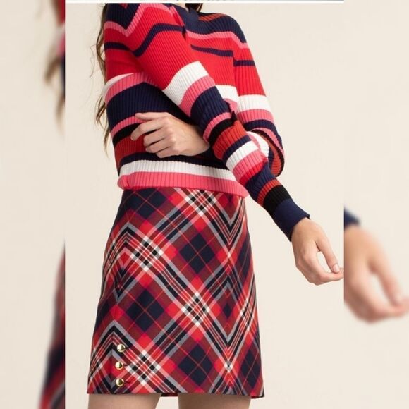 Trina Turk Plaid Mini 90s Style Academia Gold Button Red Blue Skirt Size 6 - Picture 11 of 12
